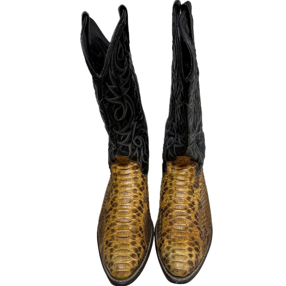 ACME Vintage Genuine Python Snakeskin Cowboy Boots Men's 9D Black Tan - Picture 3 of 14